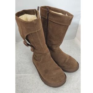 EUC Ugg Youth Cargo Boots Size 4 Brown Suede Sheepskin Lined Mid Calf Zip Up